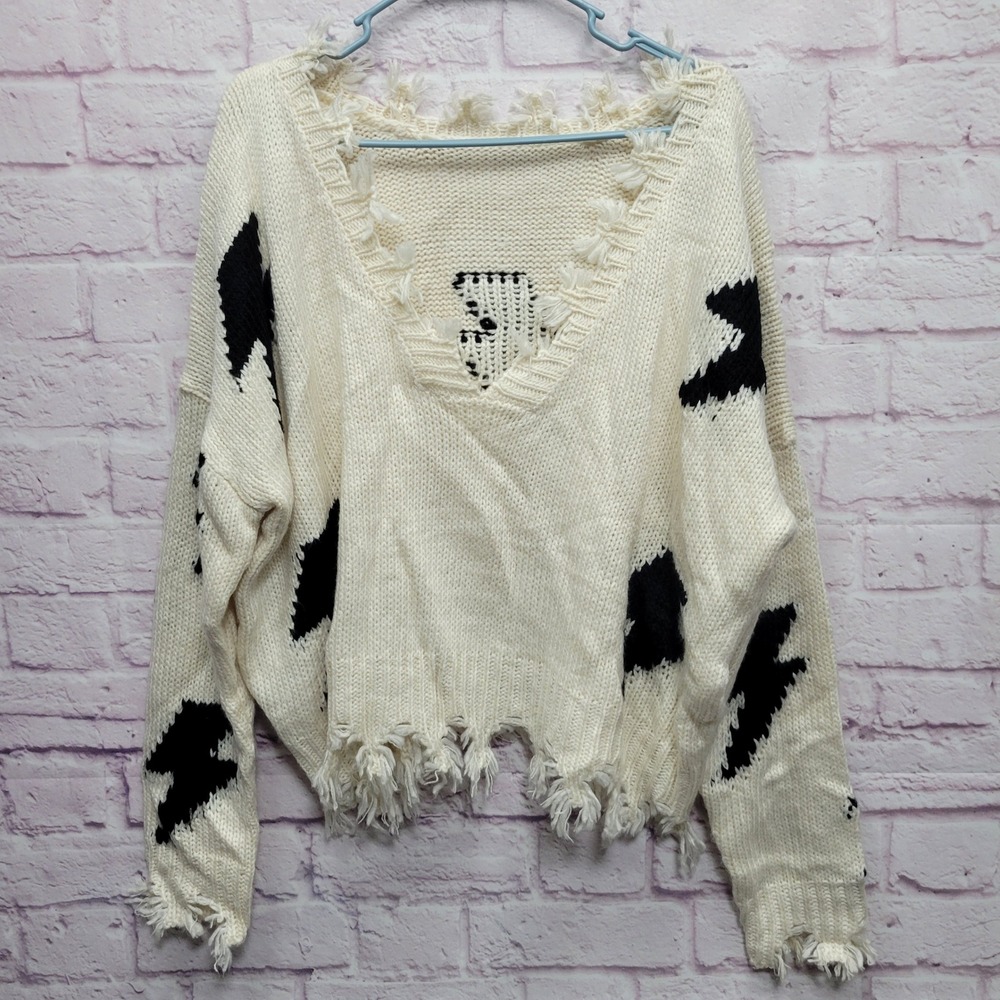 Miracle USA Distressed Lightning Bolt Knit Sweater Sz‎ S/M Cropped Boho Grunge